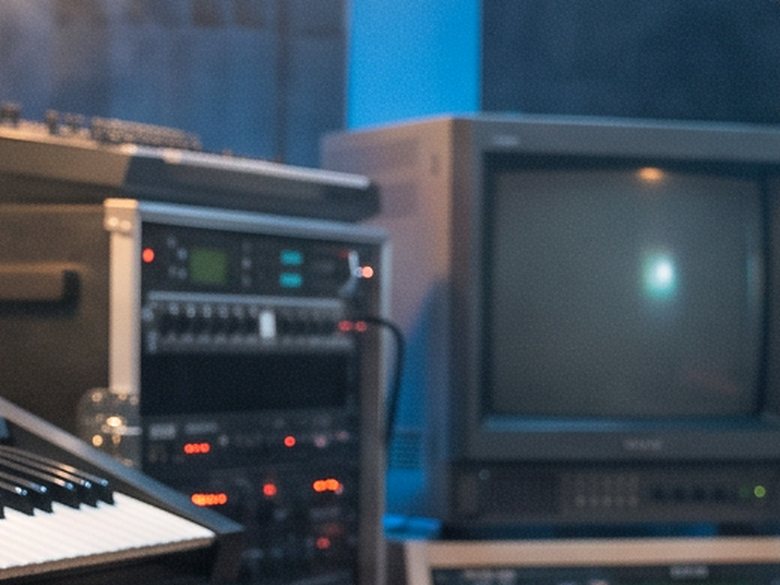 Rack und Monitor hinter den Keyboards