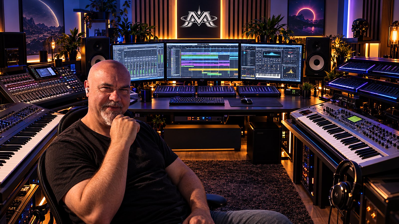 Studio A: Produktionsplatz mit drei Bildschirmen, Konsole und Synthesizern