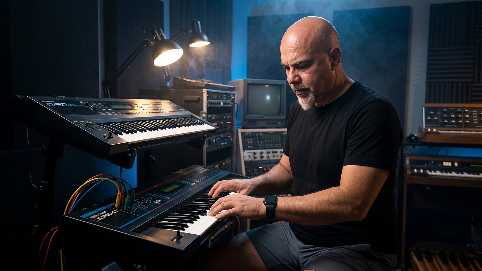 Studio K: Roland D-50 und Juno-D vor Rack und Monitor